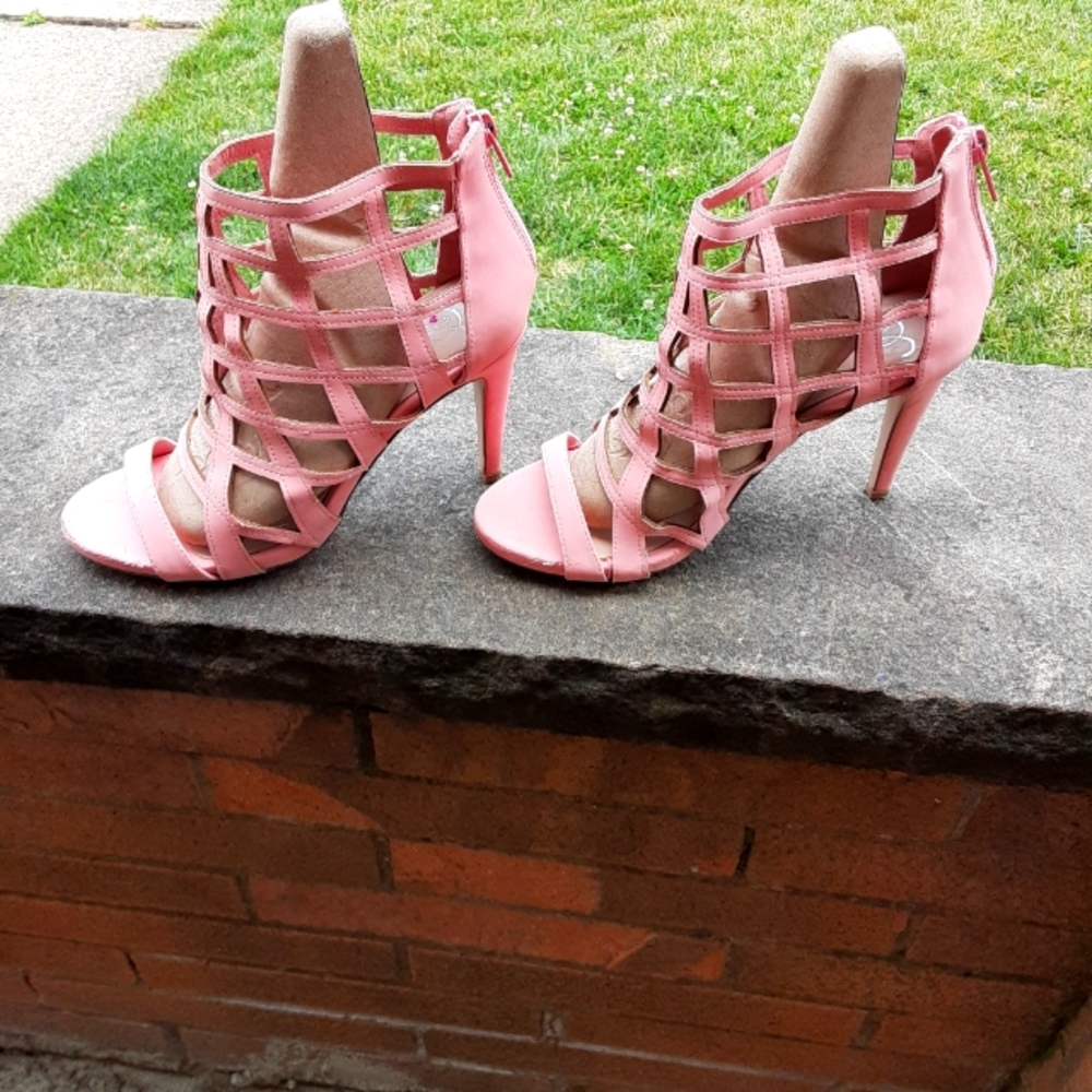 Soft pink open toe heels